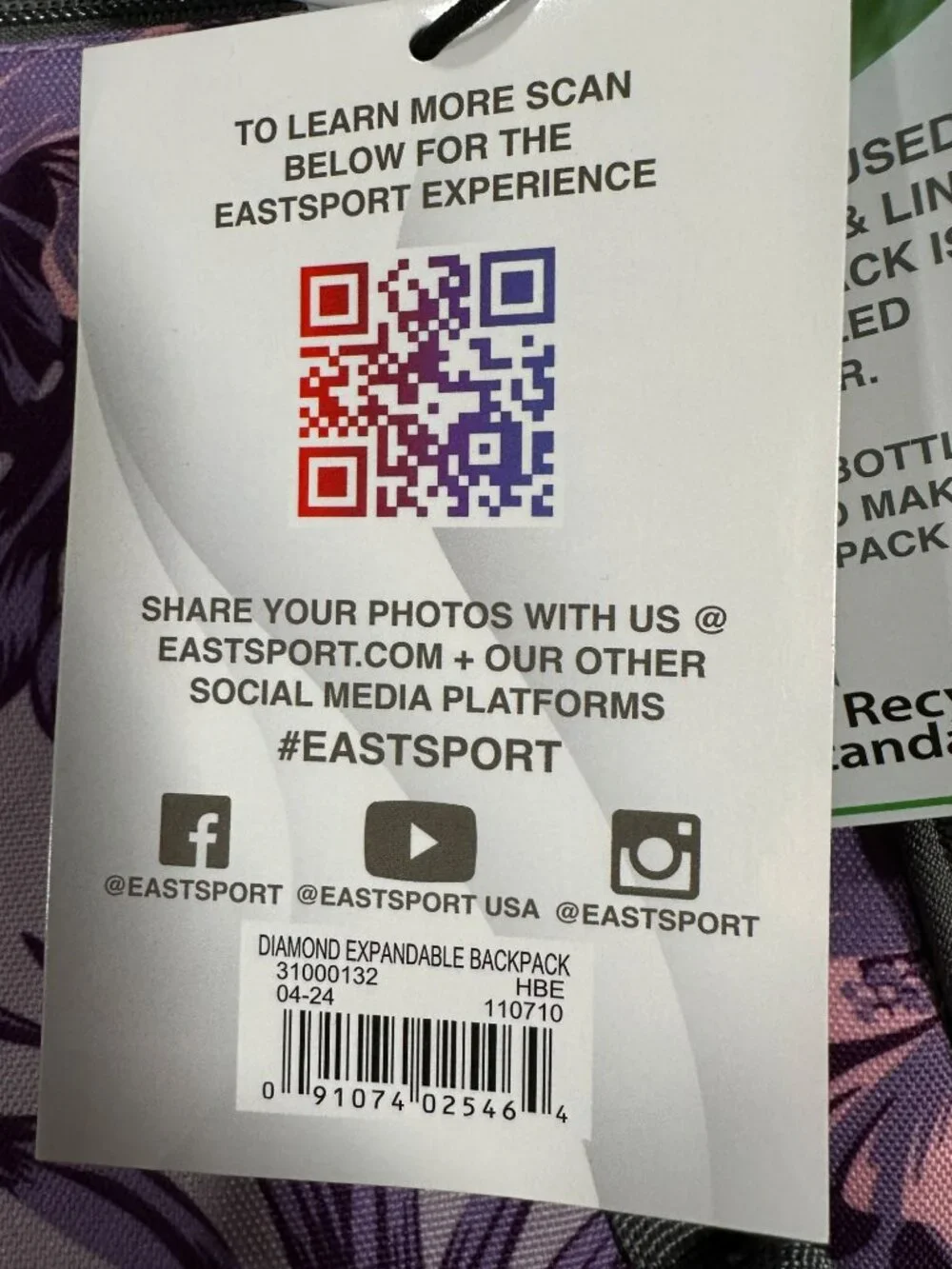 Eastsport Diamond Expandable Backpack Floral Purple/Gray Anti-Theft Tech Sleeve